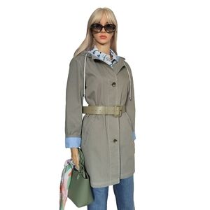 Style & Co. Olive Green Hooded Belted Trench Coat with Blue Cuff Accents Size S